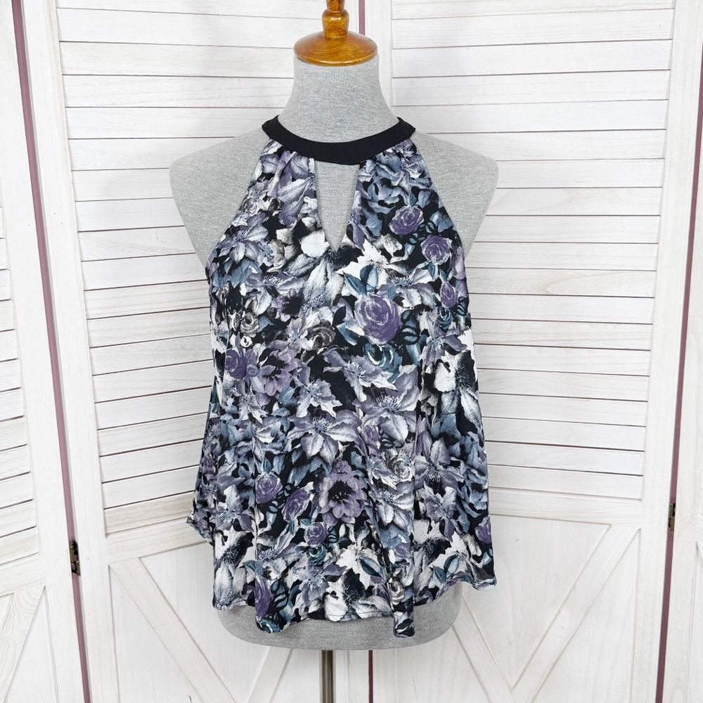 Astr Gothic Poet Dark Floral Keyhole Sleeveless Halter Blouse Black Purple Med